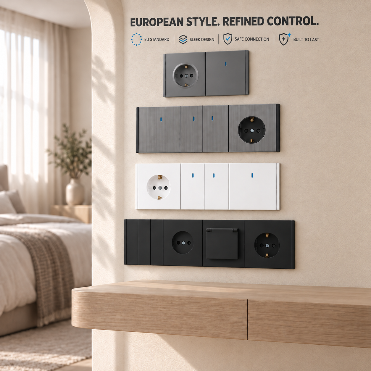 Best Selling 16A EU French Socket & Power Switch Slim Plastic Frame Panel for Hotel & Home Wall Light Control