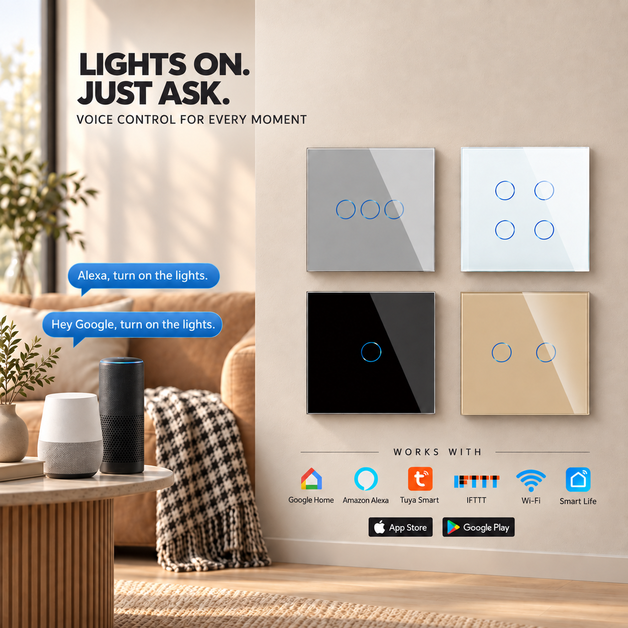 UK/EU 86 Type Glass Panel Smart Switch with Tuya WiFi Zigbee