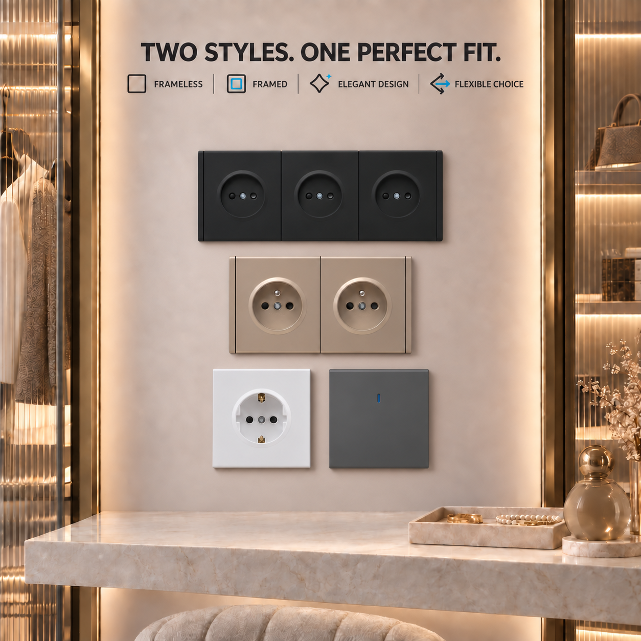 New Arrival KCC Series Europe Standard Light Switches with White/gold/grey/black PC Panel for Household Wall Switches Socket