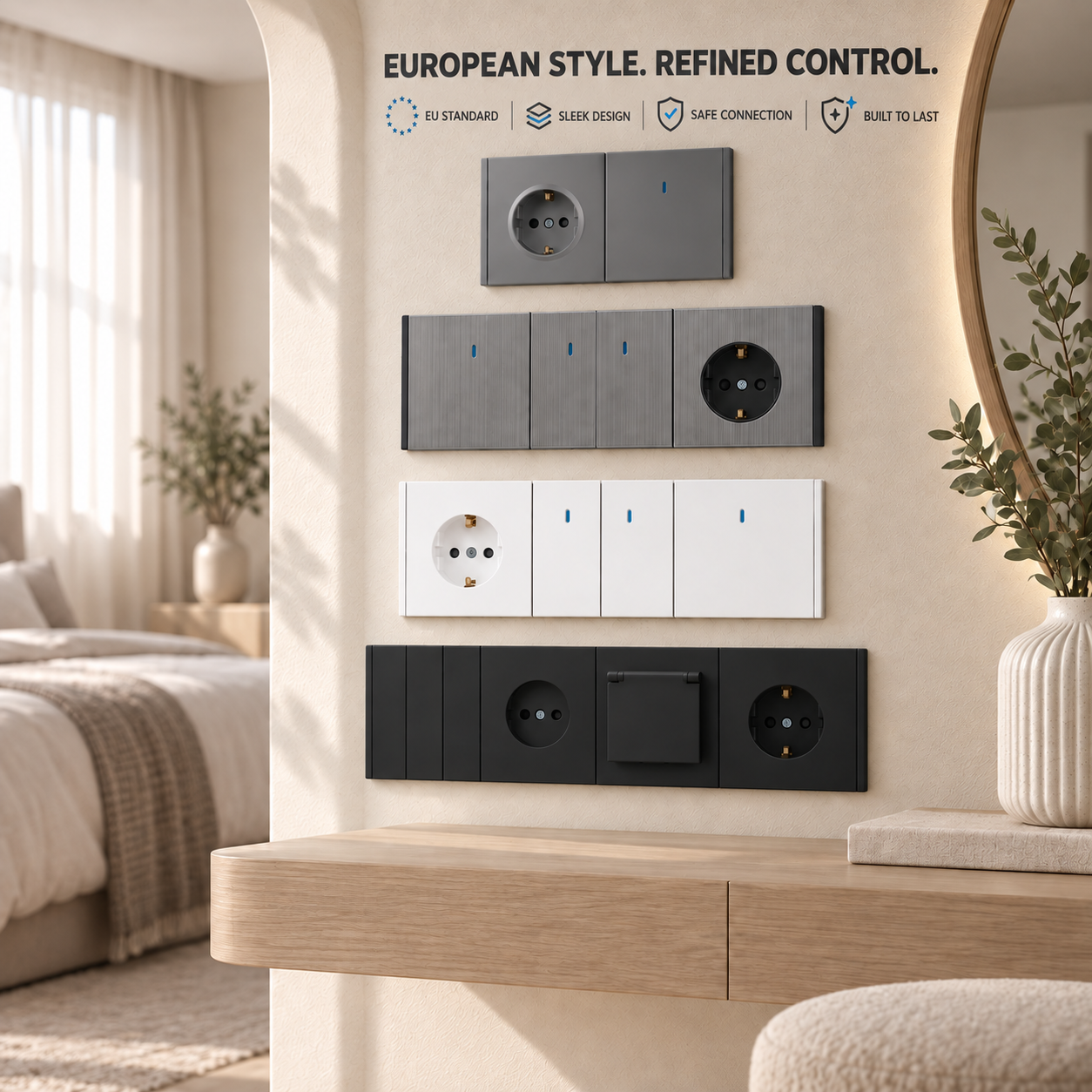 Best Selling 16A EU French Socket & Power Switch Slim Plastic Frame Panel for Hotel & Home Wall Light Control